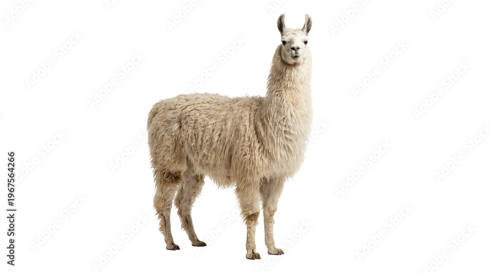 Obraz premium Fluffy white llama standing, isolated on transparent background