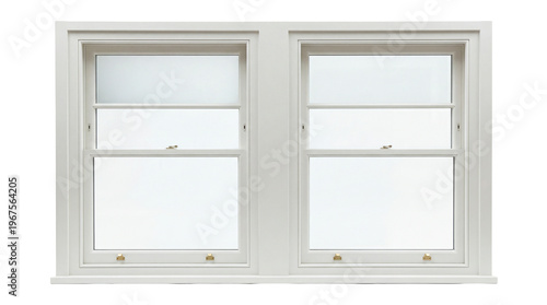 Fotografi White wooden double sash window with brass latches, isolated on transparent back