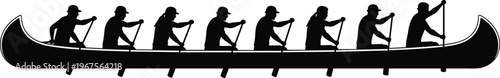 Black silhouette of a long canoe with many people paddling together in a rowing boat isolated on white background for water sports concepts