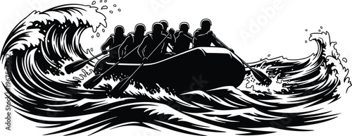 Black silhouette of a team white water rafting on a large wave featuring group of people paddling an inflatable boat isolated on white