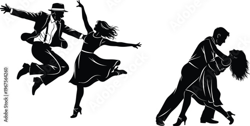 Black silhouettes of retro dancing couples featuring swing and lindy hop dancers jumping and performing romantic ballroom moves isolated on white background for events