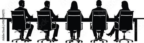 Black silhouette of business people sitting at long conference table in office chairs from back view during meeting or seminar isolated on white