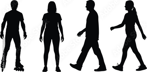 Black silhouettes set of diverse people including a man on roller skates and young adults walking and standing isolated on white background for lifestyle