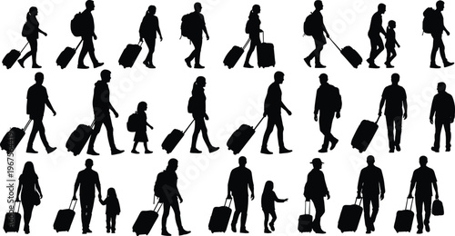 Large collection of traveler black silhouettes featuring diverse people families and children walking with suitcases and backpacks isolated on white background for travel design