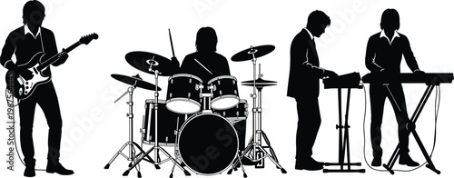 Music band black silhouettes set featuring electric guitar player drummer with drum kit and keyboardists performing on stage isolated on white background for concert