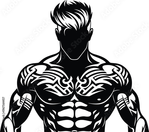 Powerful black silhouette of a muscular bodybuilder with tribal tattoos on chest and arms featuring athletic physique and stylish hair isolated on white