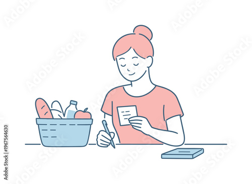 Woman calmly checking grocery list as part of daily organization habit, friendly proportions and steady posture highlighting