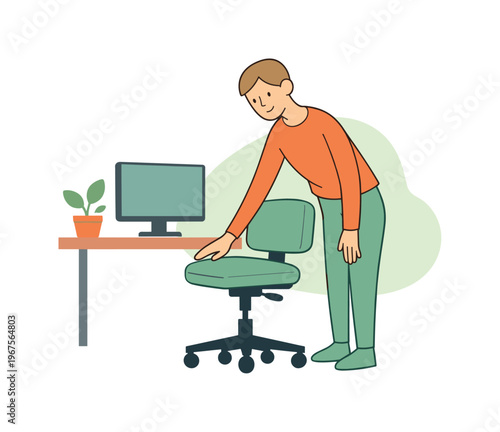 Gentle person finishes adjusting a desk chair, smoothing the seat edge as the workstation feels orderly and ready | person
