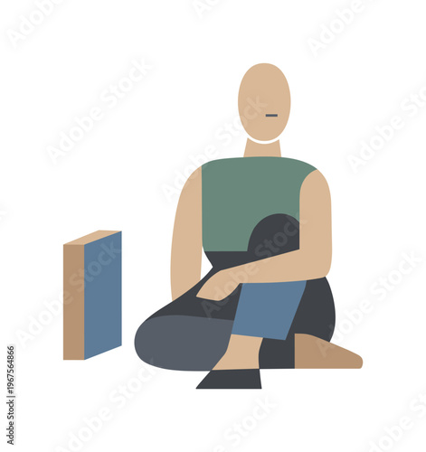 Human subtly aligning posture with the central form, integrating organized relationships internally. Stylized editorial character