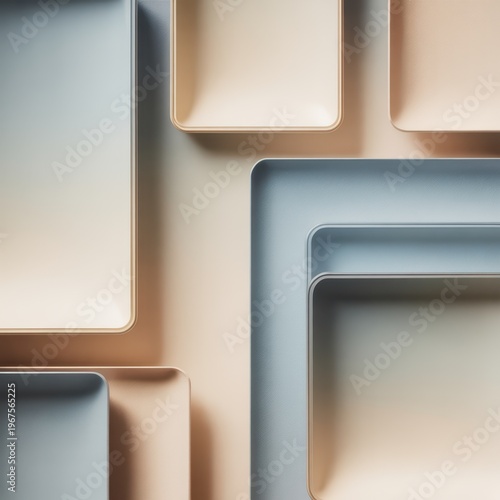 Abstract geometric background with layered rounded rectangles in soft beige and blue tones, modern minimal design with smooth surfaces and subtle shadows