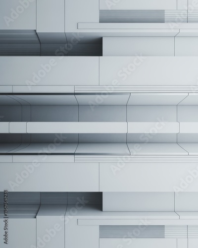 Abstract futuristic geometric wall with layered panels and clean lines minimal architectural background in gray tones