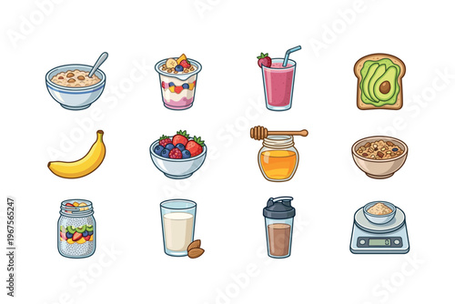 Healthy breakfast assortment with fruits, grains, and dairy options