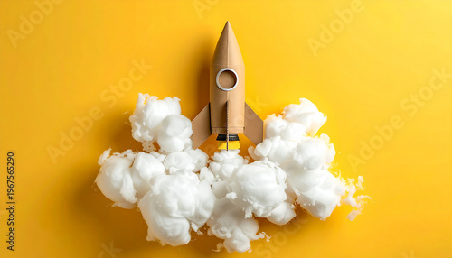 Cohete de cartulina azul con humo de algodón sobre fondo amarillo, ideas, emprendimiento, innovación, startups marketing, tecnología, crecimiento, imaginación y exito en desarrollo de proyectos