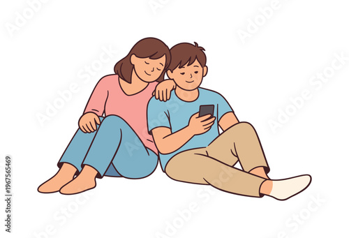Two family members relaxing together during cozy evening, casual posture and minimal cushions suggesting comfort and closeness,