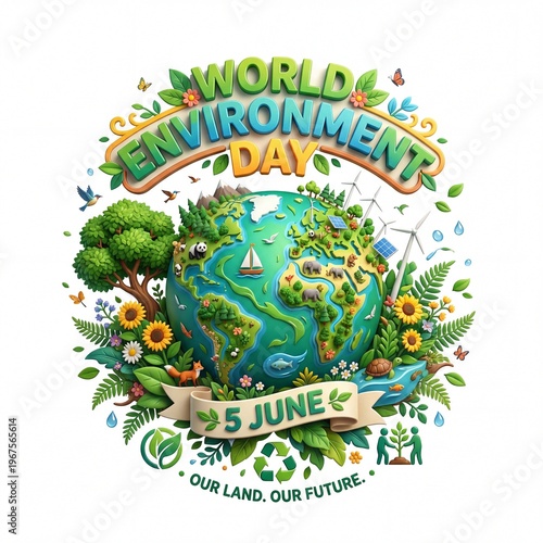  3D typography illustration for World Environment Day June 5 with Earth globe, animals, solar panel, wind turbine, and green nature elements.