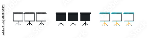 Clean workspace scene distilled into repeated presentation screens positioned horizontally, identical rectangles and stands