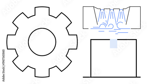 Manufacturing, industrial machining, engineering, mechanical processes, precision cutting, schematic designs. Diagram a gear and water jet cutting process. Engineering and manufacturing process
