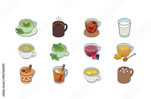 Collection of various hot and cold beverages in cups and glasses