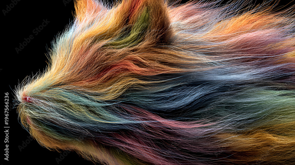 Obraz premium Dynamic colorful faux fur blowing in the wind featuring soft fluffy 3D fibers, Generative AI illustrations.