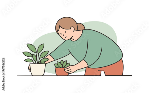 Soft person leans forward arranging desk plants turning pots gently as leaves face the light and spacing feels right | scene of