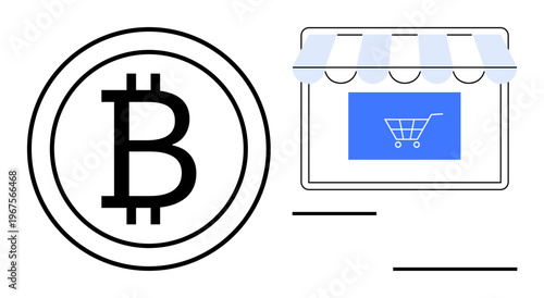 Digital payments, online shopping, cryptocurrency transactions, e-commerce solutions, blockchain integration, fintech innovation. Bitcoin logo and online shopping storefront. Digital payments