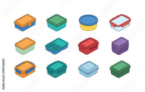 Collection of colorful food storage containers in isometric view