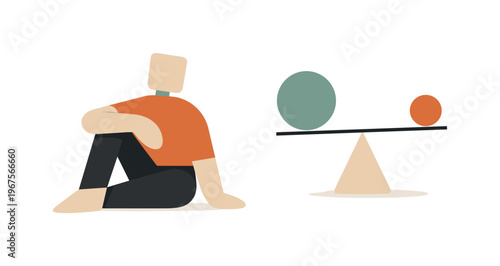 Human resting in open white space with one balanced abstract symbol nearby, presenting internal structure as stable and composed.