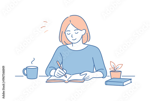 Woman calmly writing personal reflections as daily habit, friendly proportions and steady posture highlighting simplicity and
