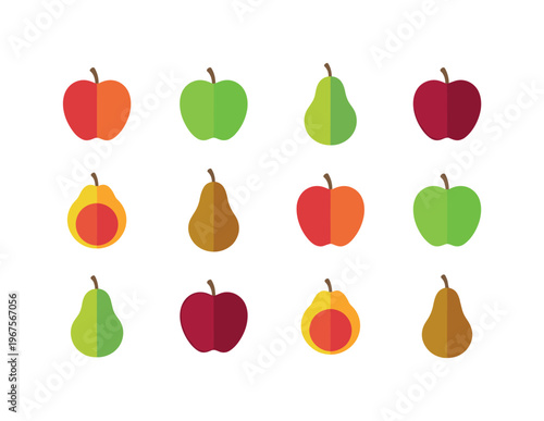 Collection of stylized apples and pears in various colors and arrangements