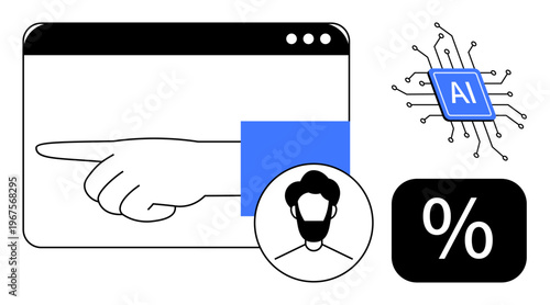 Artificial intelligence, technology, digital innovation, data analysis, human-machine interaction, computational tools. A hand pointing, AI circuit person avatar and percentage icon. AI technology