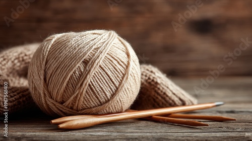 Ball of beige wool yarn with knitting needles on a rustic wooden table