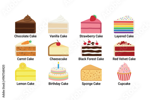 Collection of diverse cake slices and a cupcake, perfect for dessert menus
