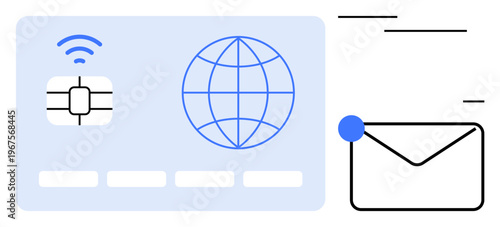 Secure transactions, global communication, technology, email services, online identity, and cybersecurity. A digital card with a chip and global icon, next to an email envelope. Technology and online