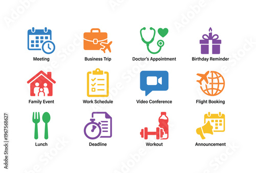Collection of colorful icons representing various life events and appointments