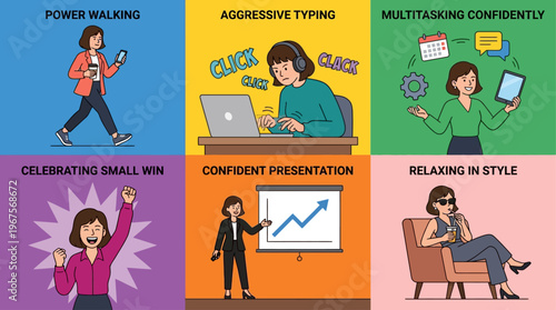 Modern businesswoman cartoon sticker set flat vector featuring power walking aggressive typing multitasking confidently celebrating small win confident presentation and relaxing in style design