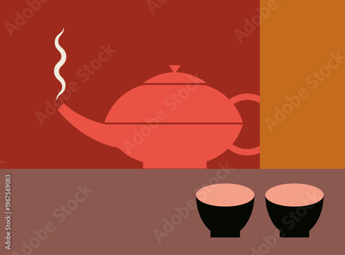 Minimalist Teapot with Two Small Cups Illustration