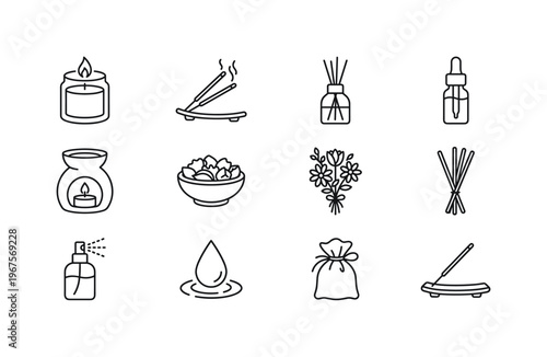 Aroma candle, incense sticks, diffuser bottle, essential oil bottle, aroma burner, potpourri bowl, dried flowers, aroma sticks,