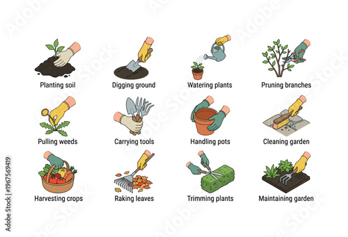 Gardening tasks illustrated: planting, pruning, watering, and harvesting