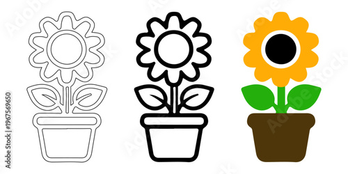 Sunflower Trio: An illustration depicts a sunflower in various stages, presented in three unique styles: a detailed outline, a minimalist line drawing, and a vibrant, fully colored depiction.