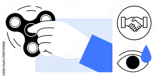 Stress relief concept. Stress through a hand spinning a fidget spinner alongside an eye with tear and handshake symbol. Stress relief tools and emotional well-being focus. For therapies, mindfulness