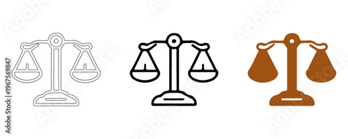 Scales of Justice Icon Set: A visually clear and distinct set of justice scales icons, symbolizing balance, fairness, and the rule of law.