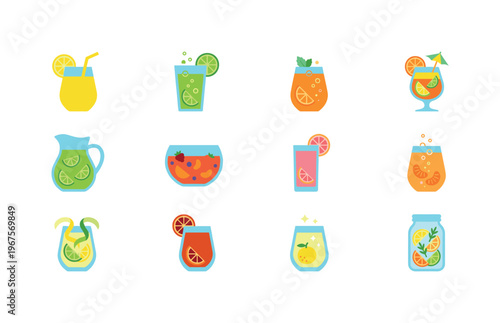 Collection of colorful flat design citrus drinks and beverages