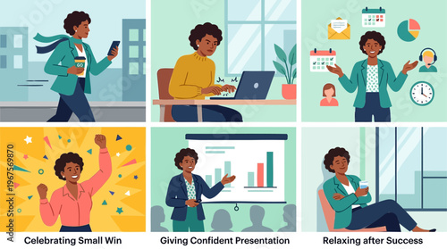 Black businesswoman cartoon sticker set flat vector featuring professional woman power walking typing multitasking celebrating small win giving confident presentation and relaxing after success