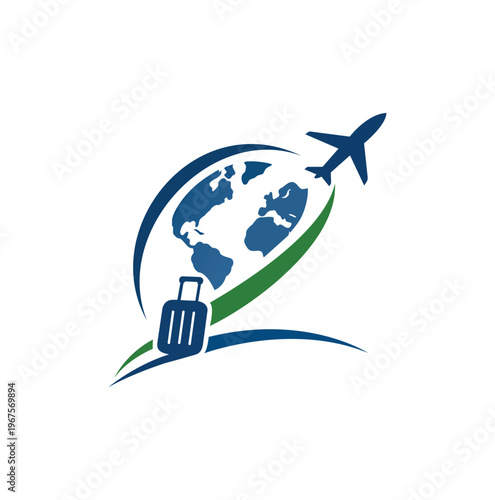 Professional modern world travel logo featuring globe and luggage suitcase.