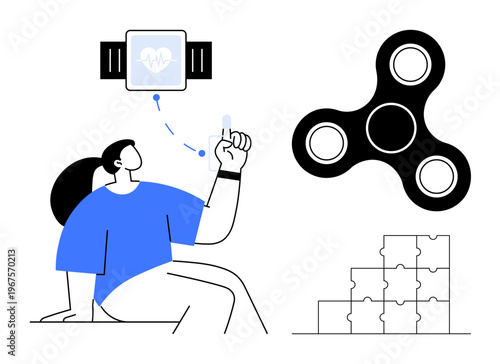 Wellness concept. Wellness showcased through a smartwatch, an active lifestyle, fidget spinner for focus, and a puzzle for brain health. Wellness technology, mental focus, health tracking