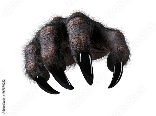 Fotografie Isolated scary monster clawed hand with long sharp black nails and creepy hairy skin texture