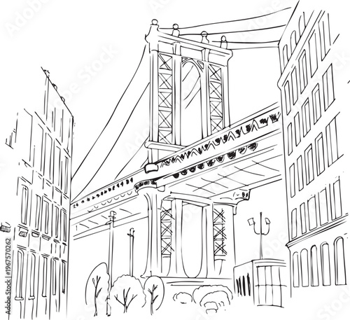 Iconic Manhattan Bridge View from Dumbo - Hand-Drawn Urban Sketch