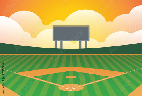Vector baseball diamond baseball field at sunset sky with infield dirt and outfield grass stock illustration