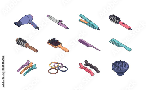 Collection of colorful isometric hair styling tools and accessories on a white background