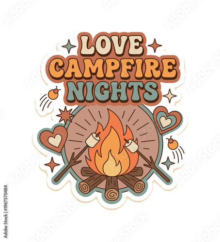 Retro style illustration celebrating love for campfire nights with marshmallows